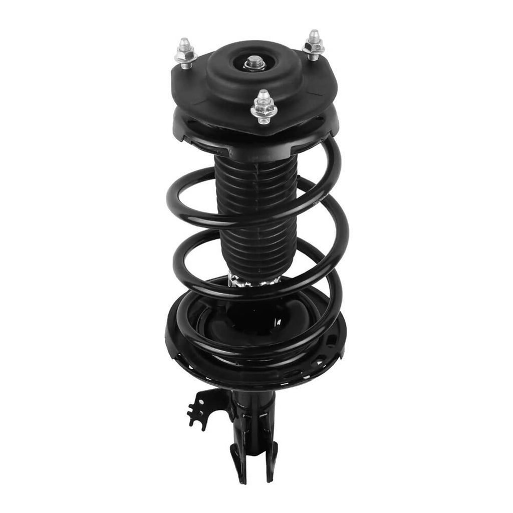Black front strut shock absorber with coil spring and top mount plate