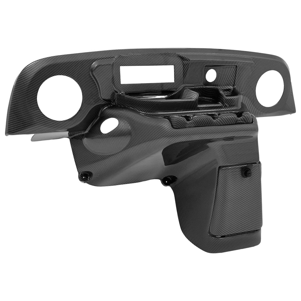 Carbon-fiber style dash panel with radio cutout and glove-box style side compartment