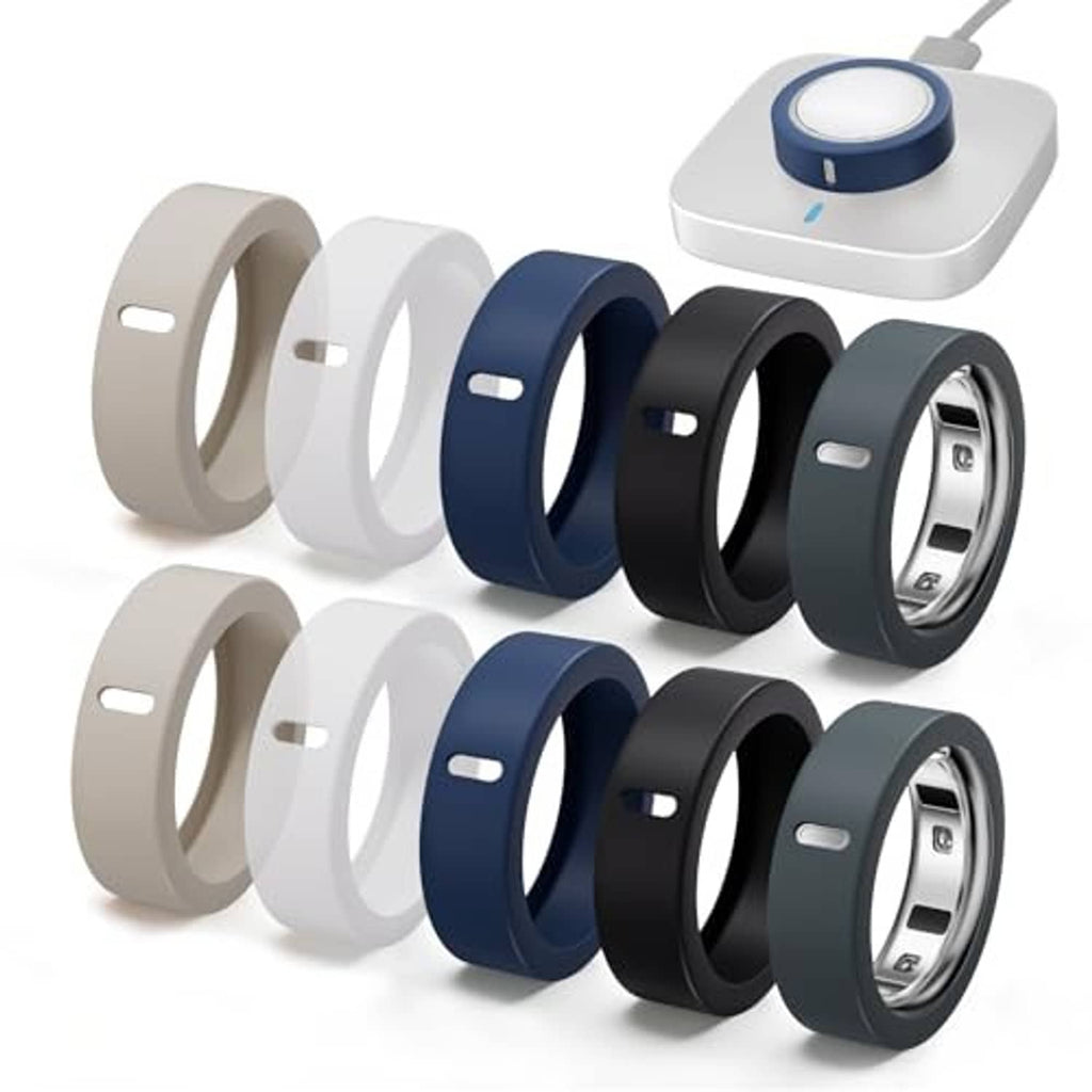 Assorted pack of silicone ring charging covers in beige, white, dark blue, black