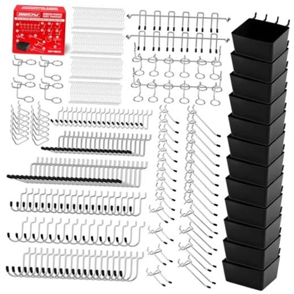 Pegboard hook set with silver hooks and assorted black organizer trays