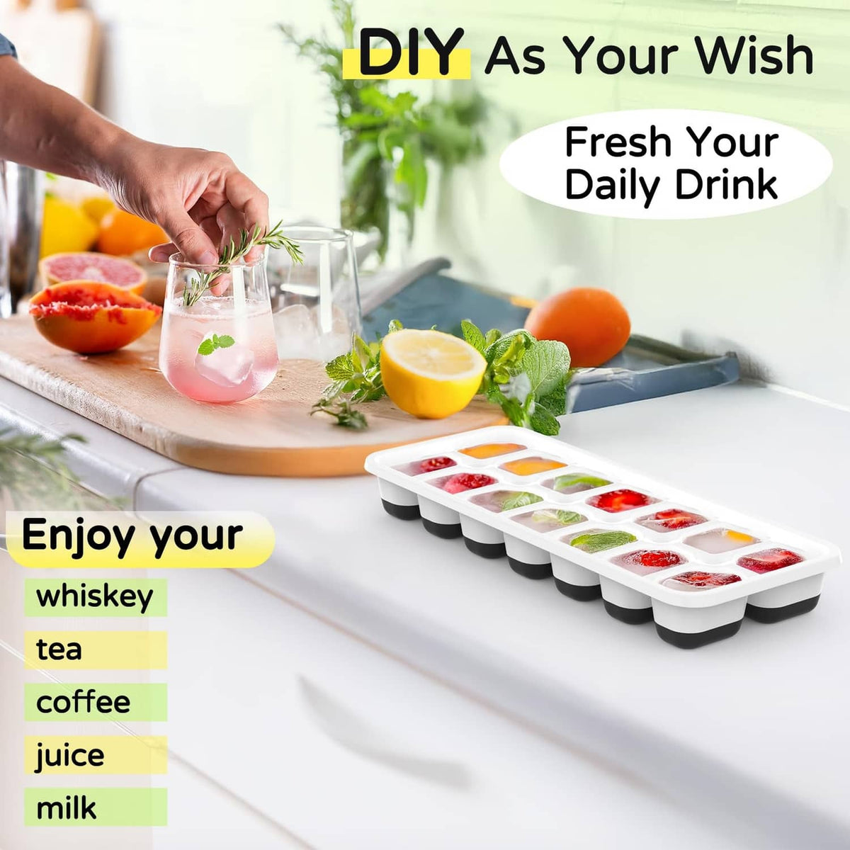 Ice cube trays filling drinks with ice cubes; compact stackable trays with lids