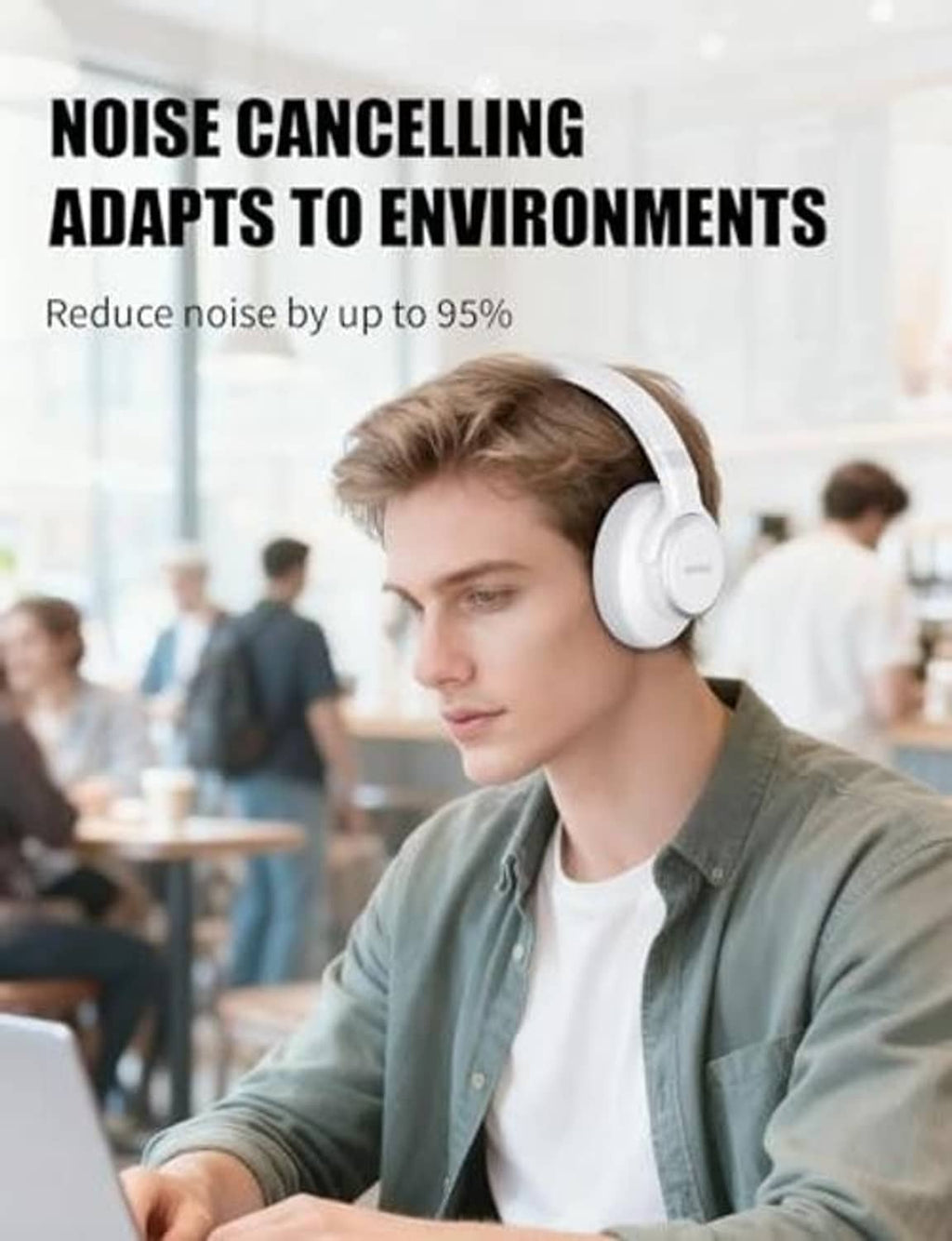 Person wearing white over-ear headphones with cushioned headband and KVIO earcups