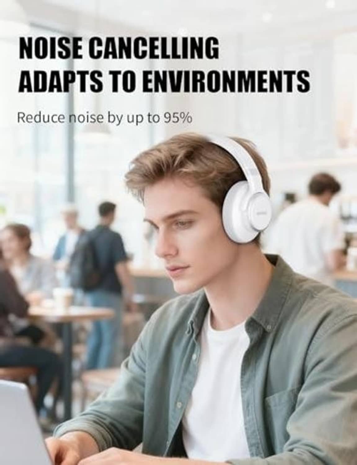 Person wearing white over-ear headphones with cushioned headband and KVIO earcups