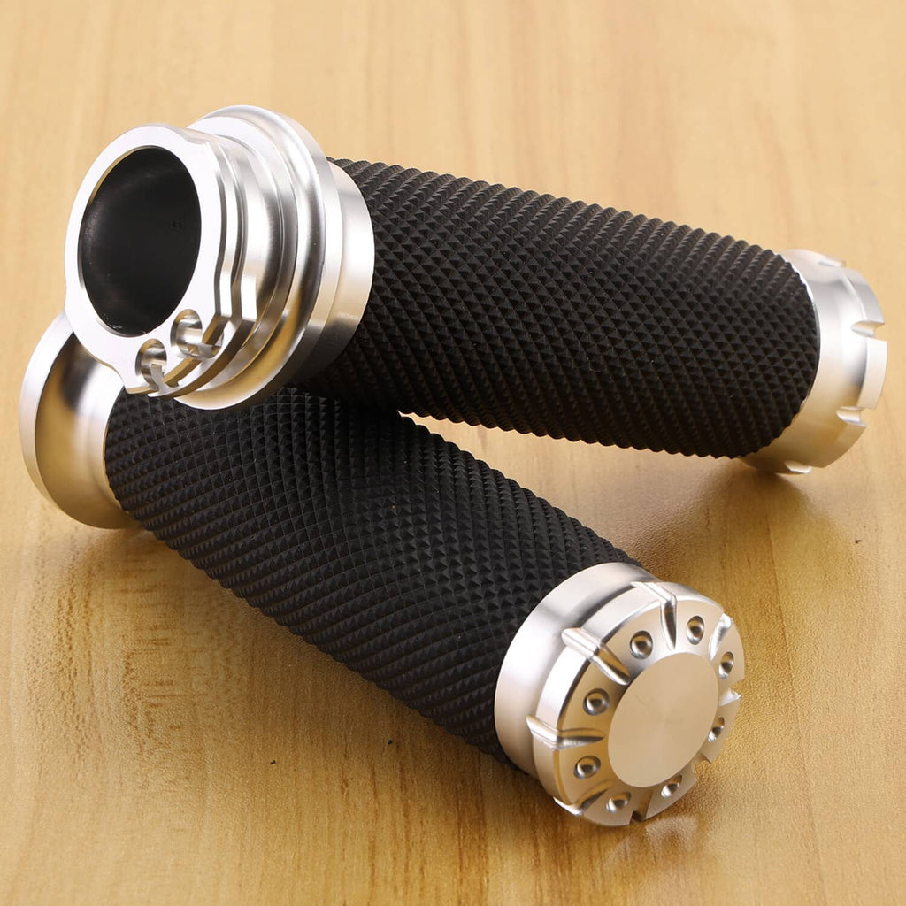 Motorcycle handlebar grips, black textured rubber with chrome cuffs and end caps