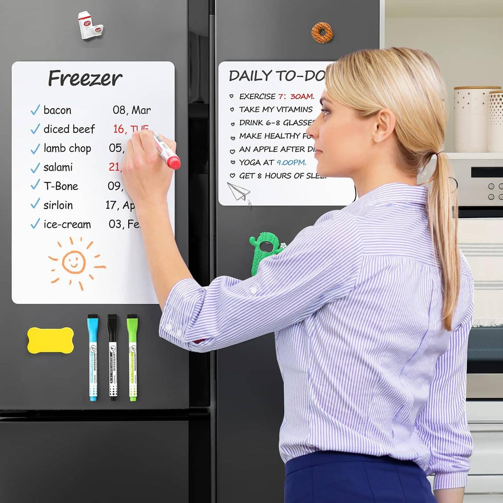Magnetic dry erase fridge boards with yellow eraser and marker set, used on door