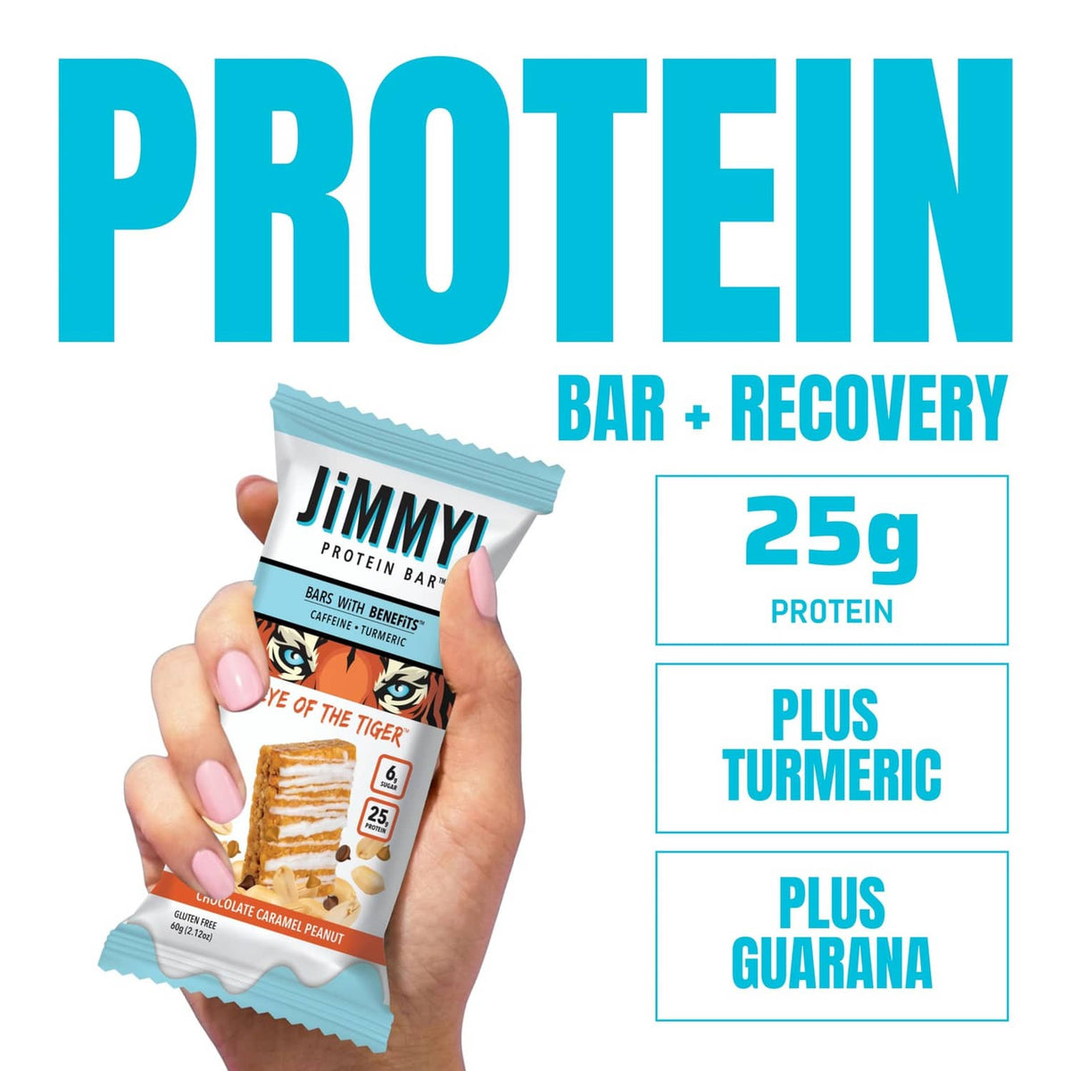 Protein bar pouch held in hand, caramel chocolate nut flavor, 25g protein