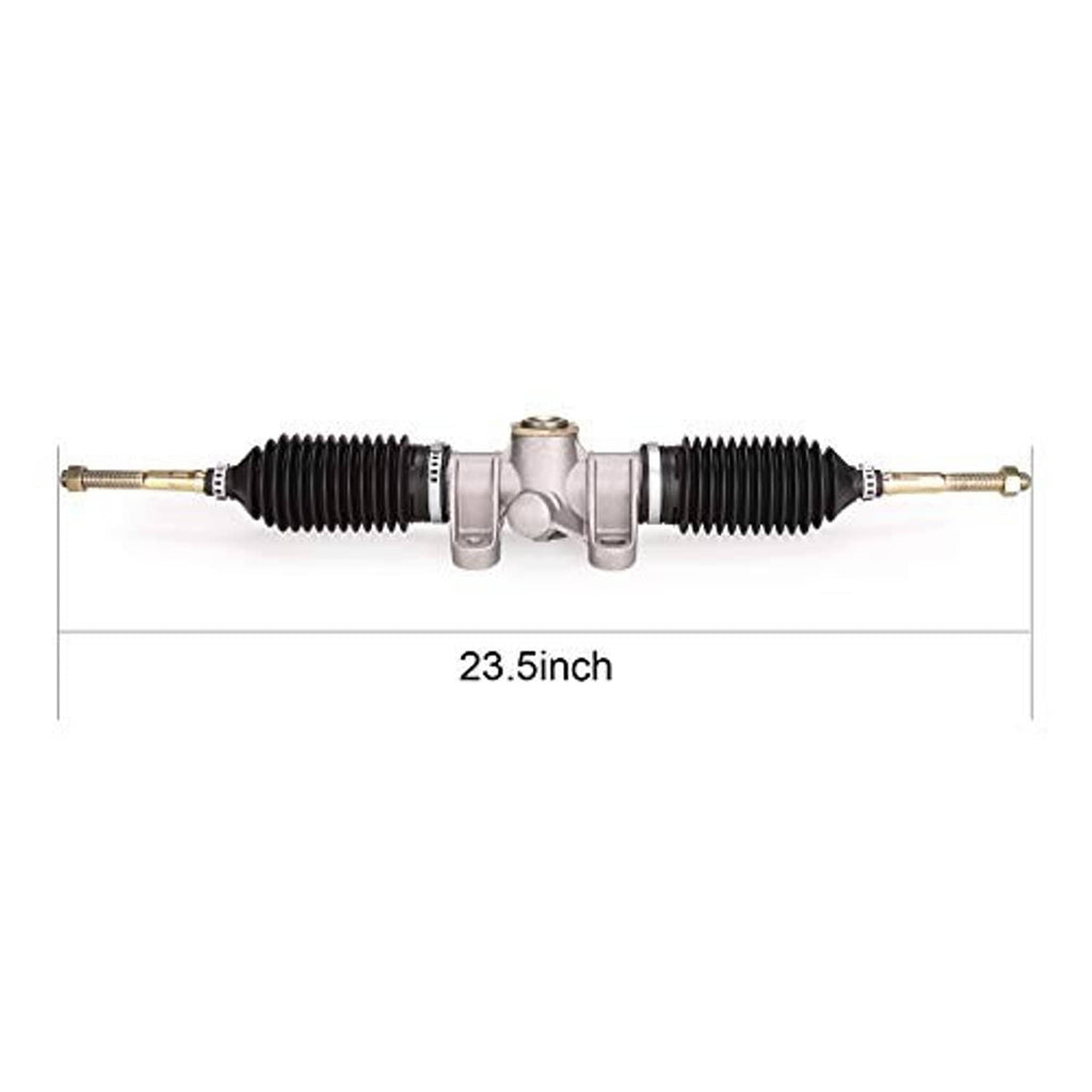 Steering rack assembly with two black boots, silver center housing; 23.5 in size