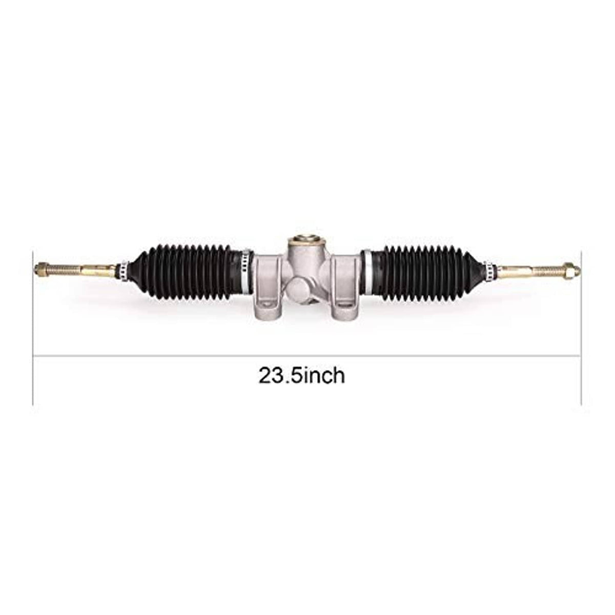 Steering rack assembly with two black boots, silver center housing; 23.5 in size