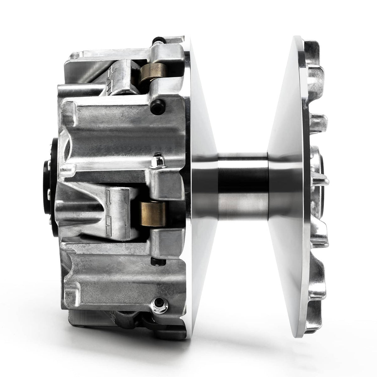 CVT drive clutch assembly, silver metal housing with belt pulley flanges