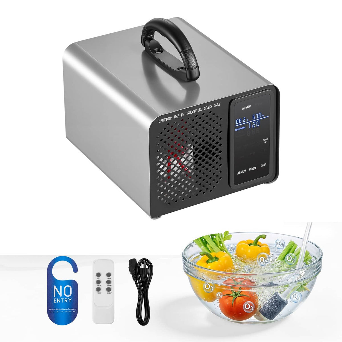 Ozone generator machine with handle, vent grille, and small touchscreen display