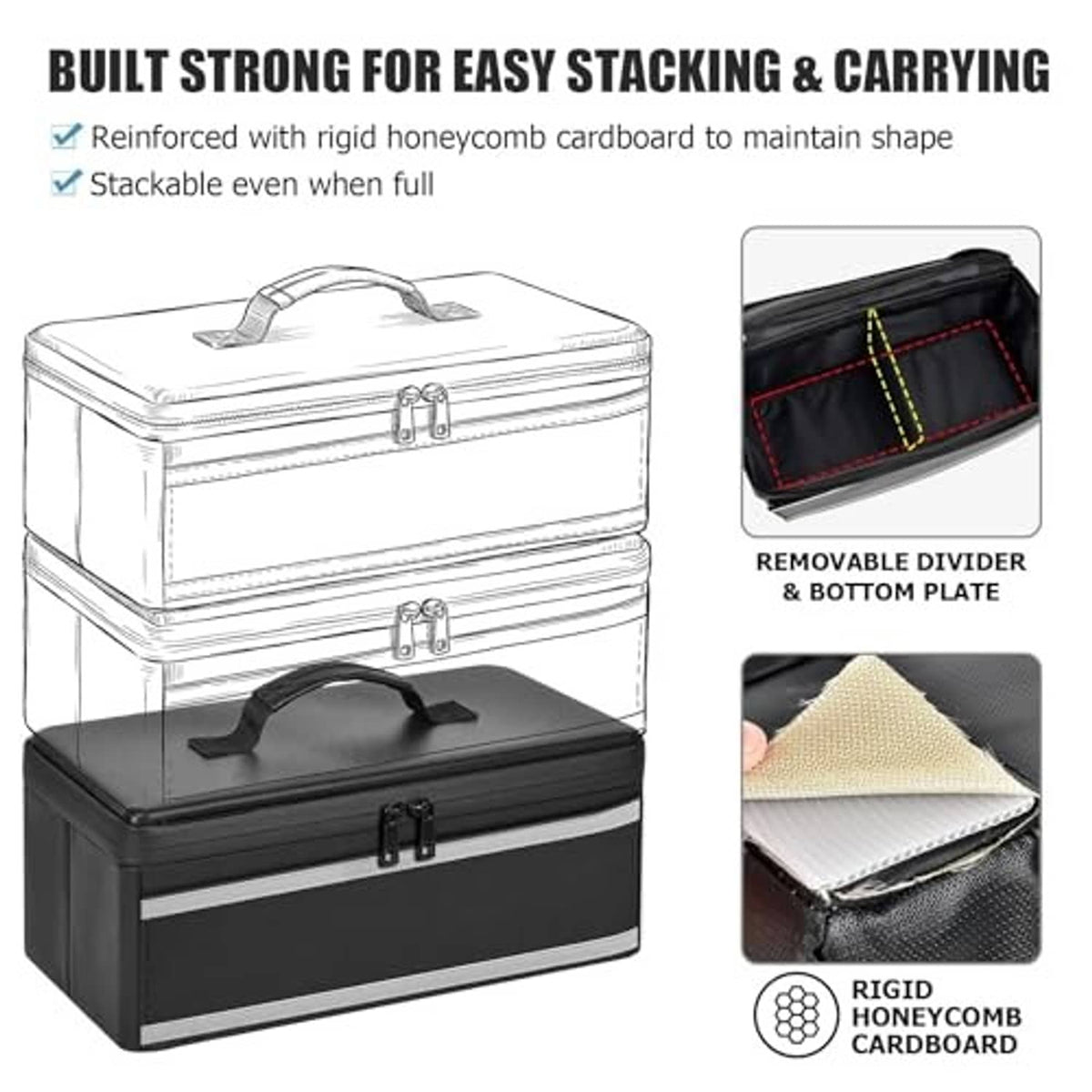 Black CD storage box with handle, shown stacked; removable divider and bottom plate.
