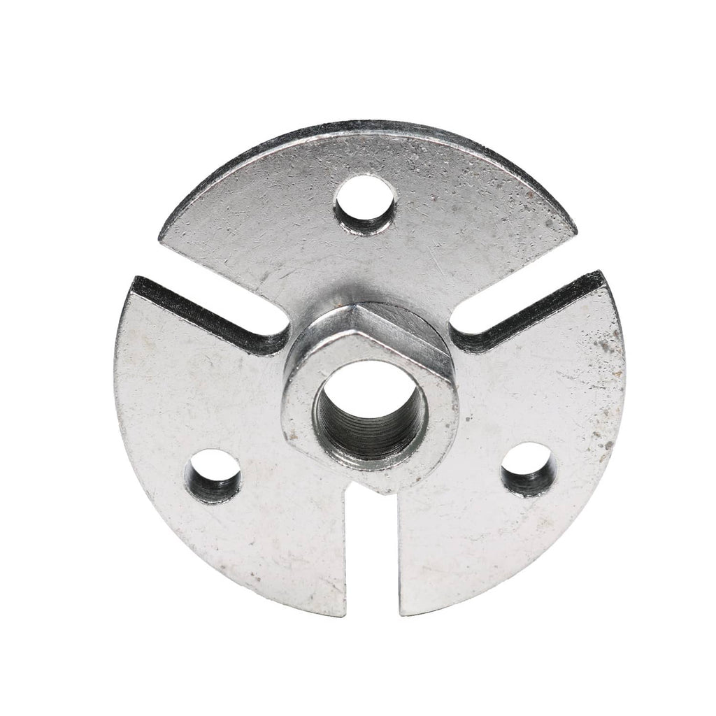 Circular flywheel puller plate with center threaded nut and mounting holes