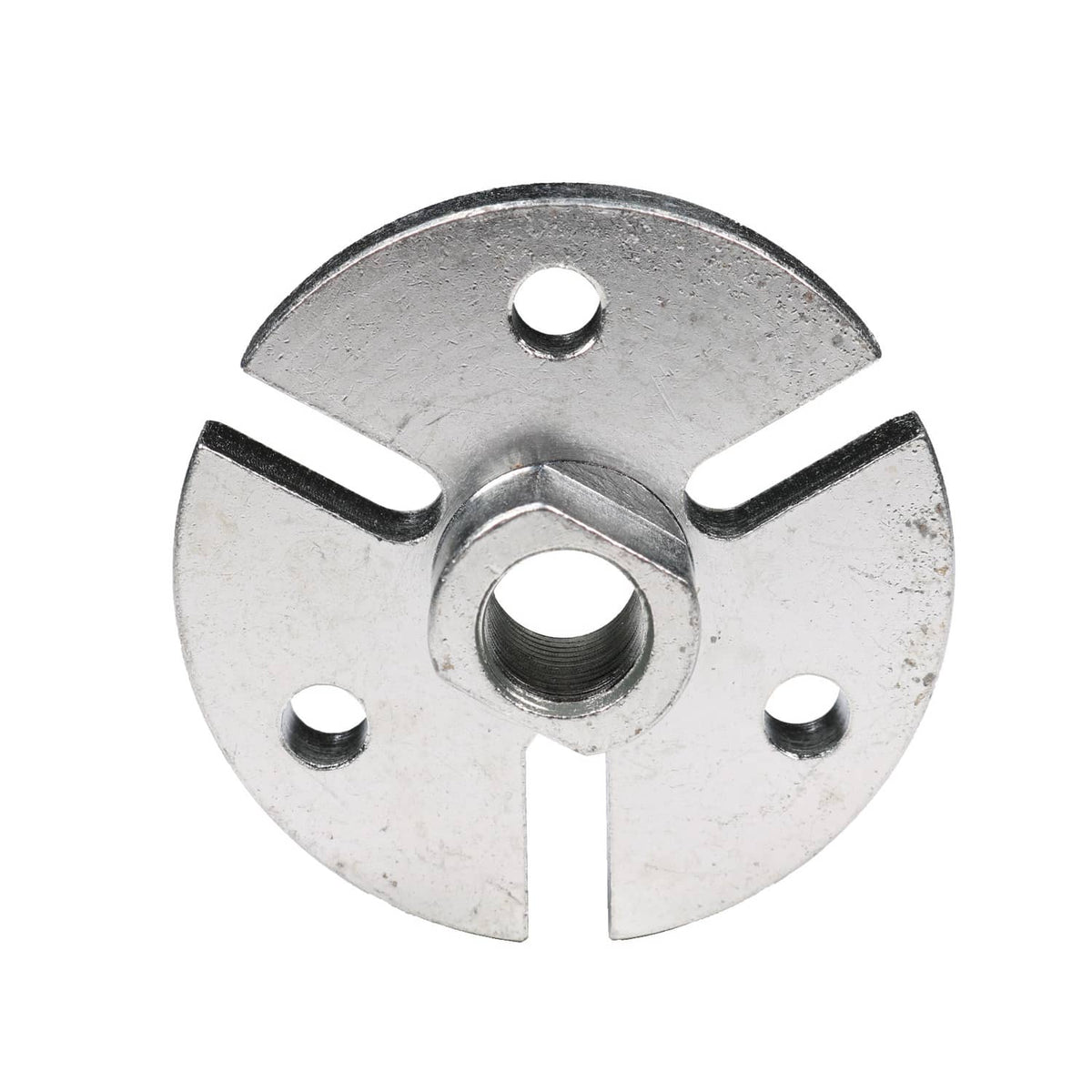 Circular flywheel puller plate with center threaded nut and mounting holes