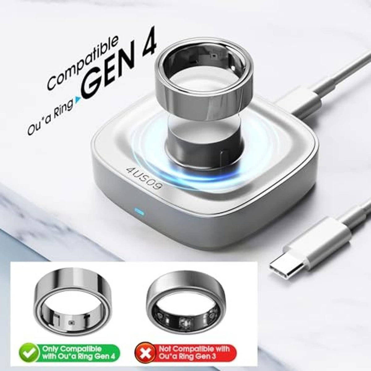 Portable Oura Ring Gen 4 charger base with silver ring cradle, blue status light, USB-C