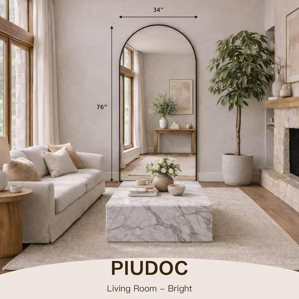 Arched full-length floor mirror with black frame and stand, standing near living room seating.