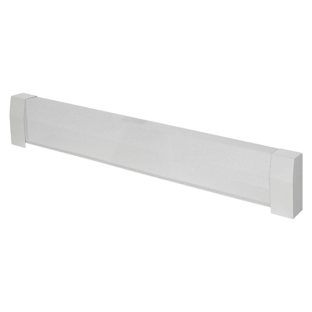 White baseboard heater cover with textured vented face and two end brackets