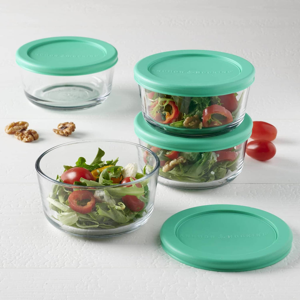 Round glass storage containers with teal lids, 2-cup capacity, food storage