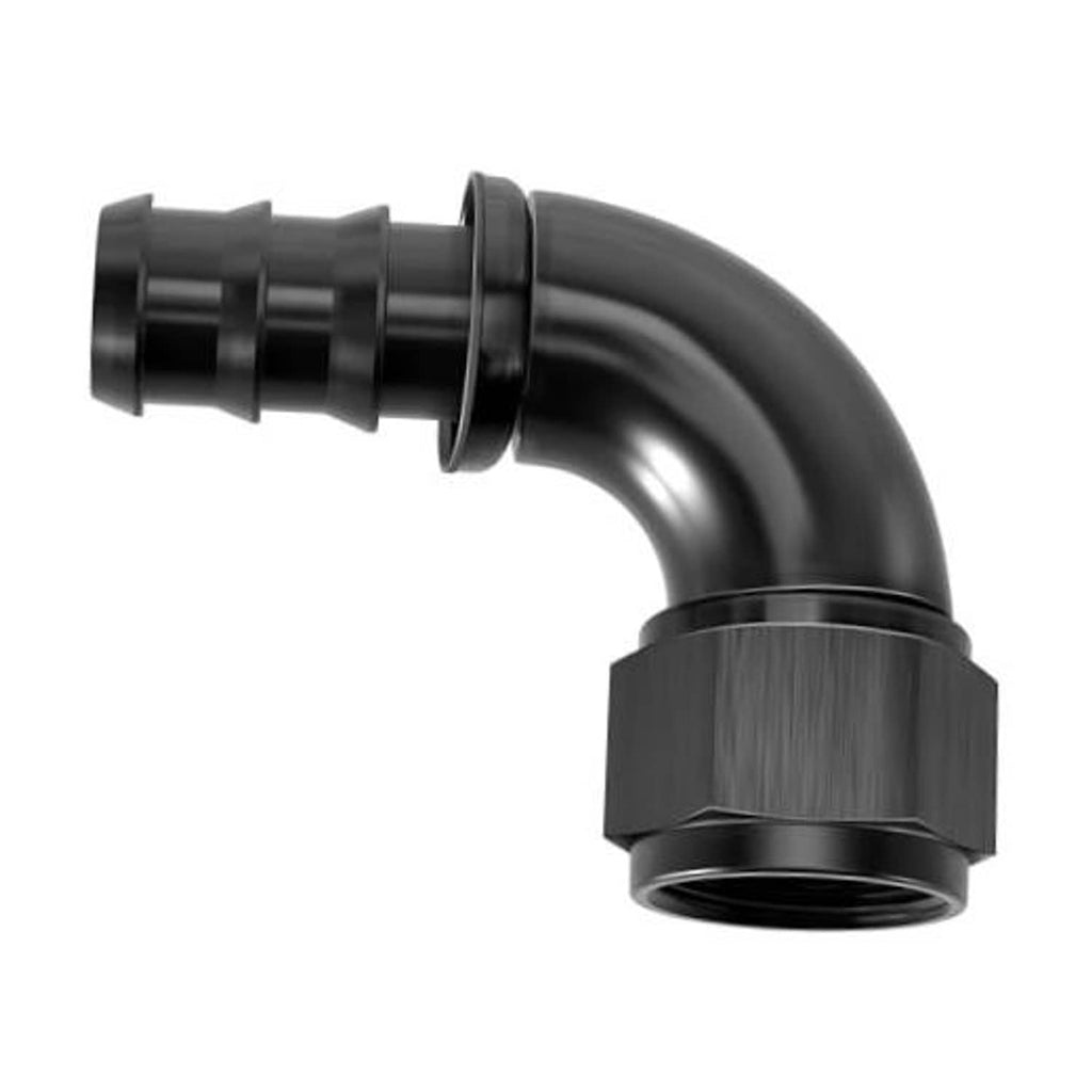 Black 90-degree AN hose end fitting with push-lock style coupler
