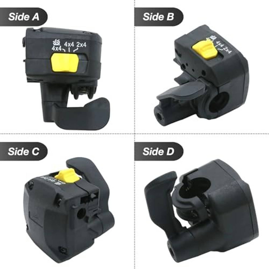 Black thumb throttle control lever assembly shown from multiple angles with yellow switch