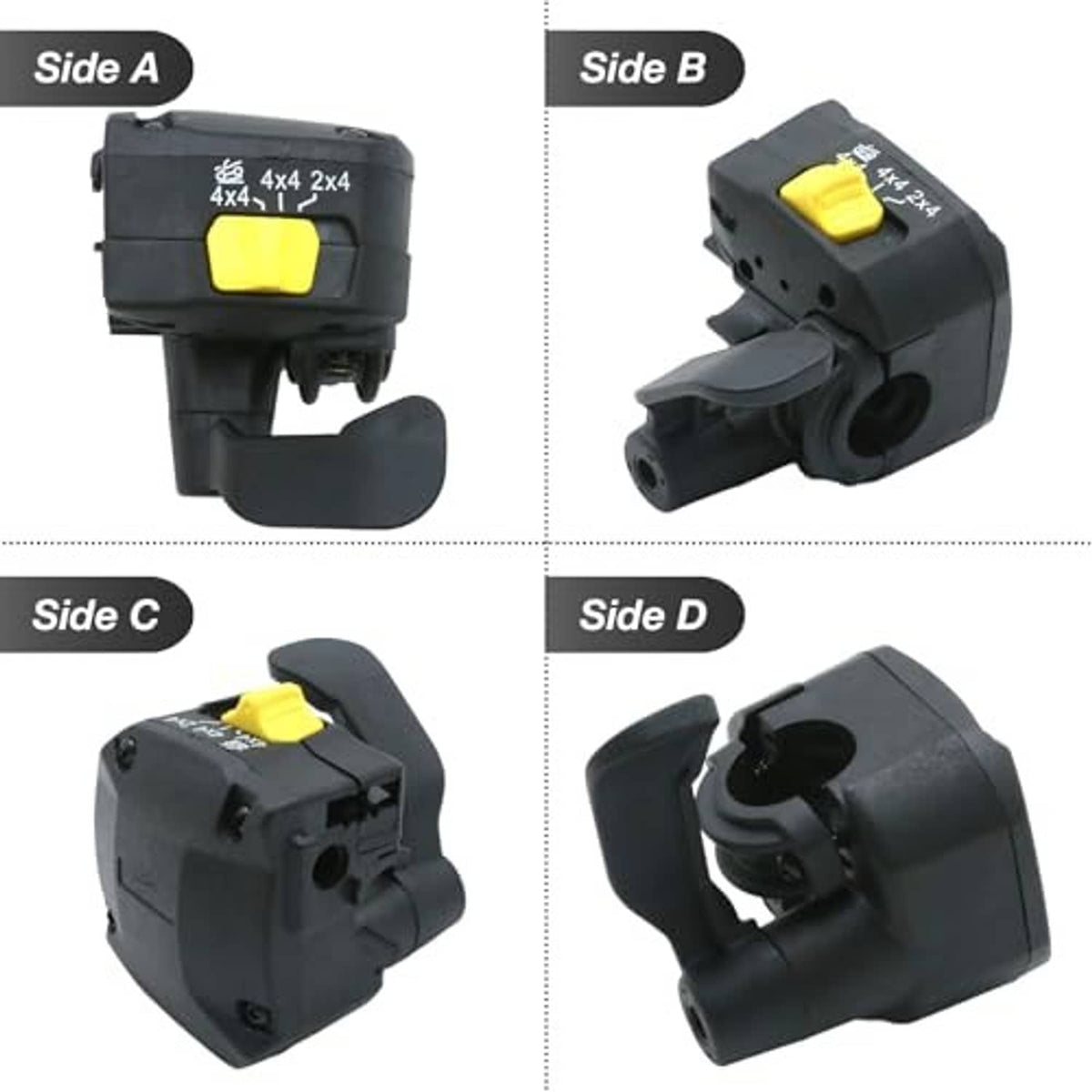 Black thumb throttle control lever assembly shown from multiple angles with yellow switch