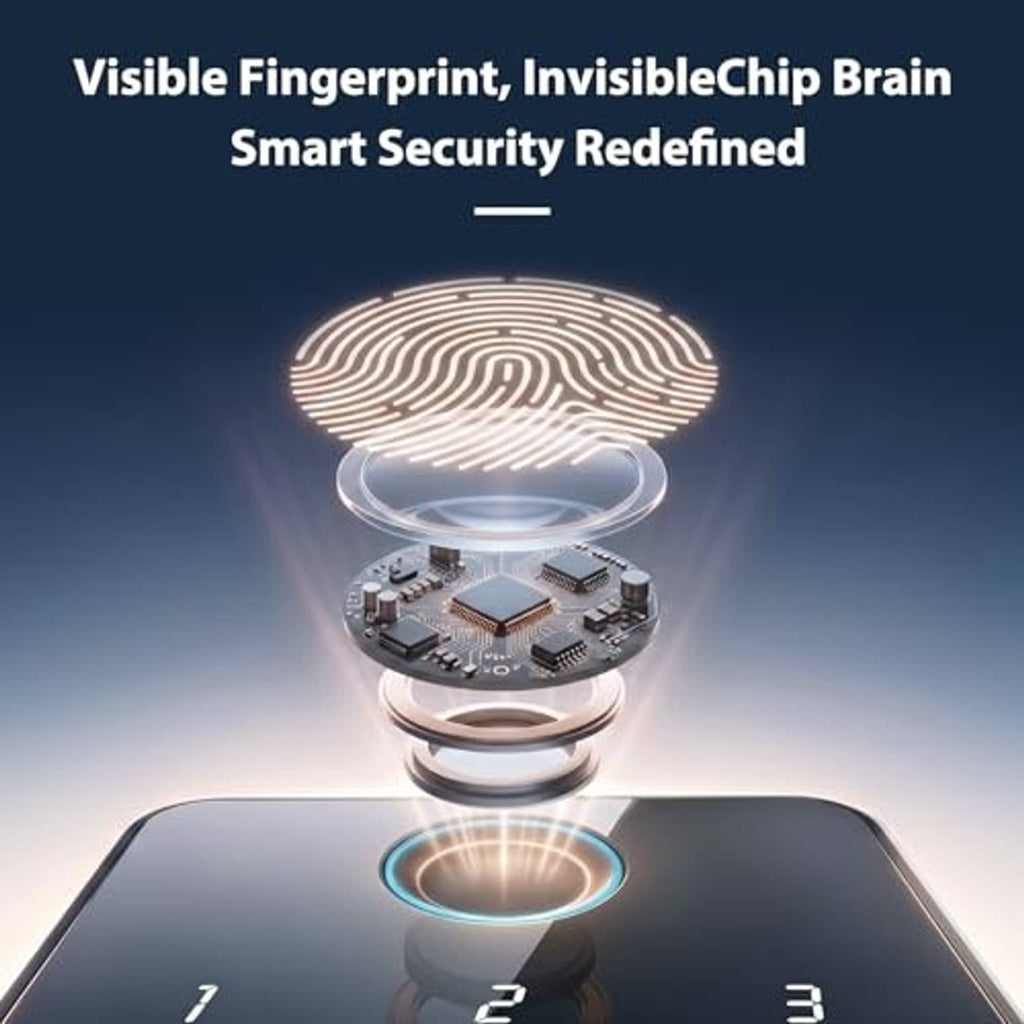Glossy black smart door lock with illuminated fingerprint sensor on the keypad panel