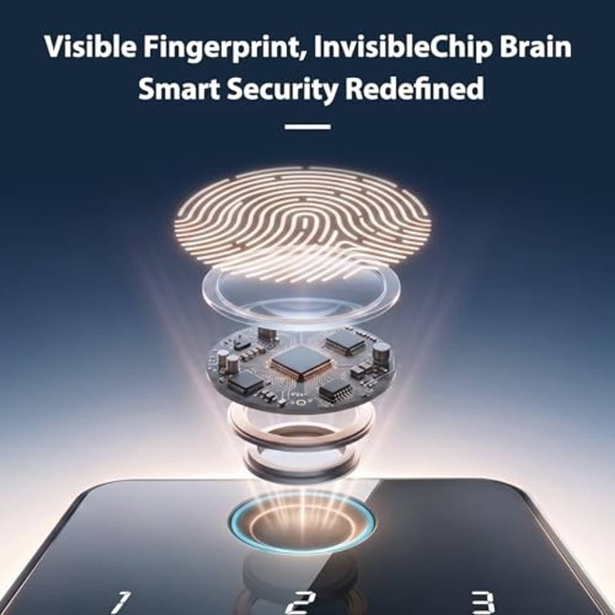 Glossy black smart door lock with illuminated fingerprint sensor on the keypad panel