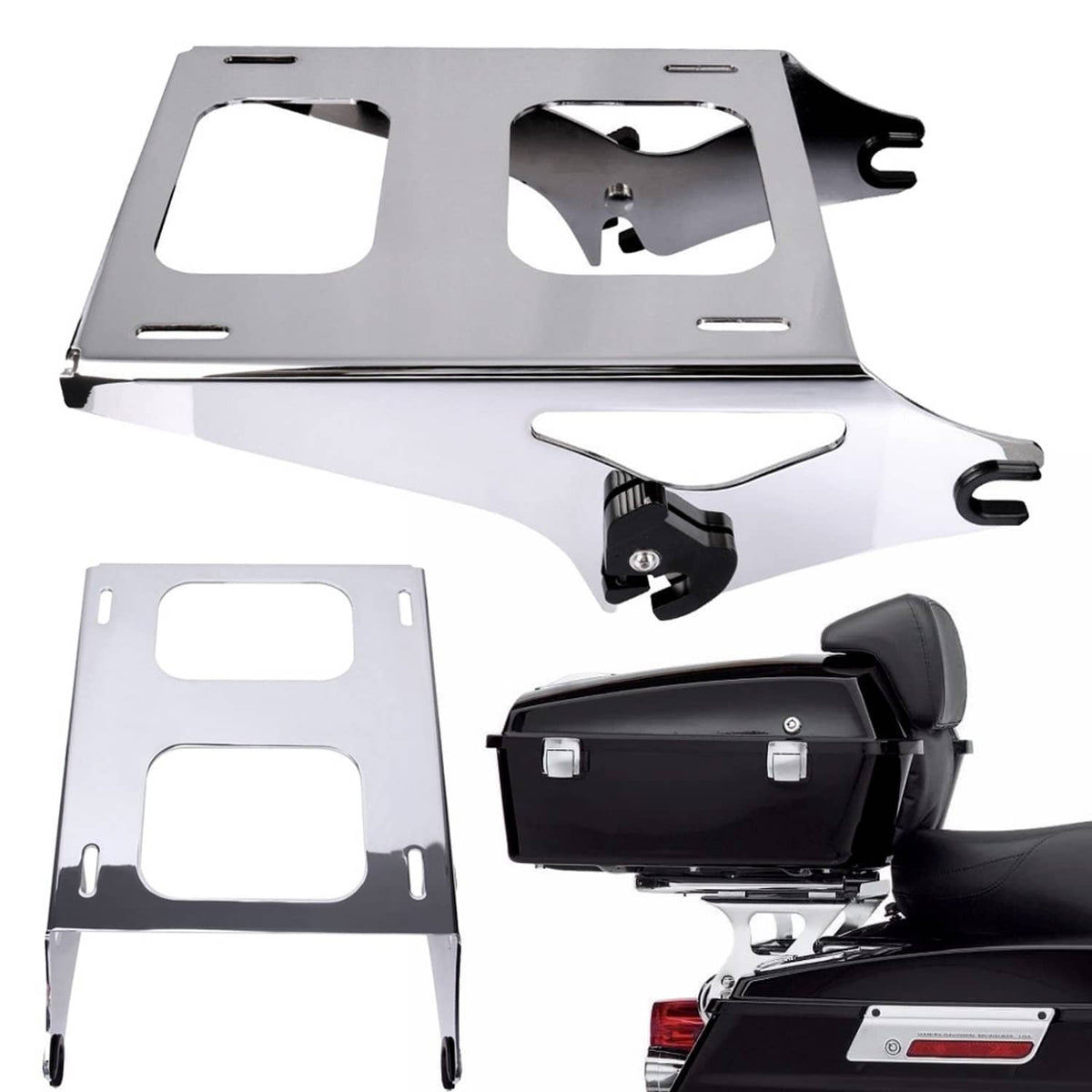 Chrome-style luggage rack bracket with black latch hardware and mounting holes