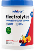 Electrolyte complex powder bottle with blue cap and fruit punch flavor label