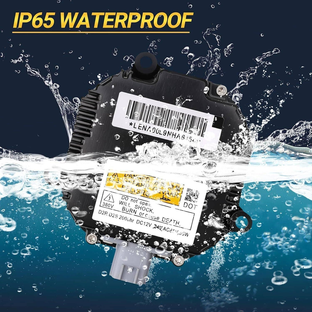 Waterproof HID ballast control unit with wiring and warning label, black housing