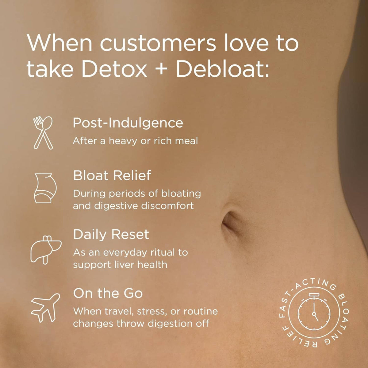 Torso infographic with customer use icons and “fast-acting” seal