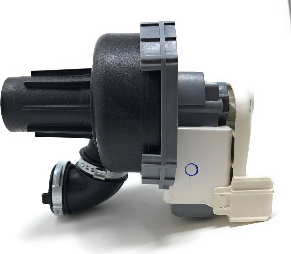 Dishwasher pump with black outlet ports, gray clamp, and beige wiring connector