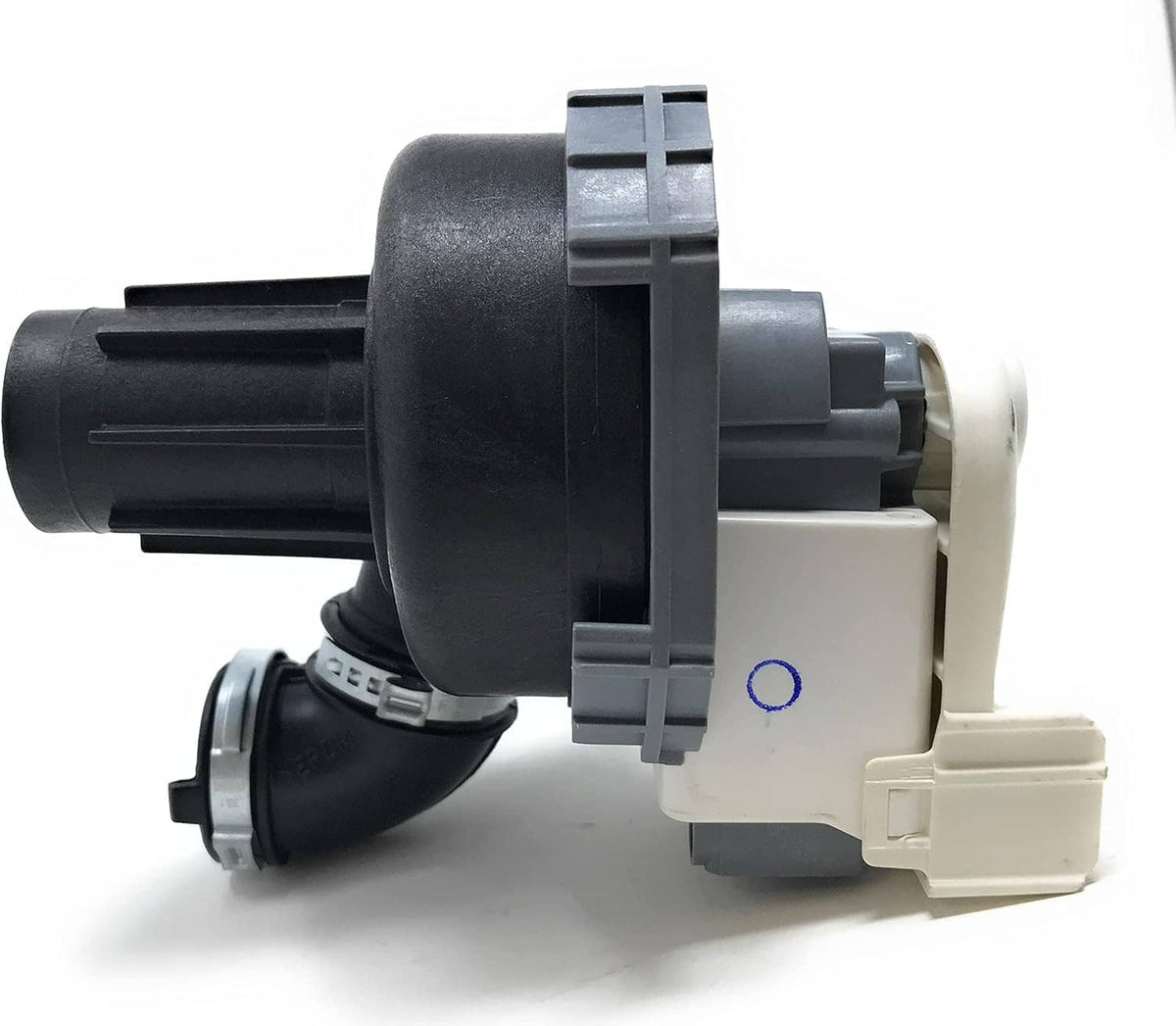Dishwasher pump with black outlet ports, gray clamp, and beige wiring connector