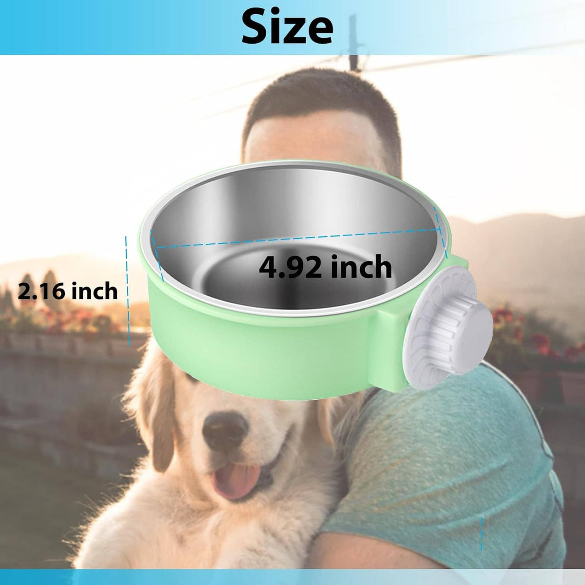 Green hanging pet food bowl with stainless steel insert and side mounting bracket