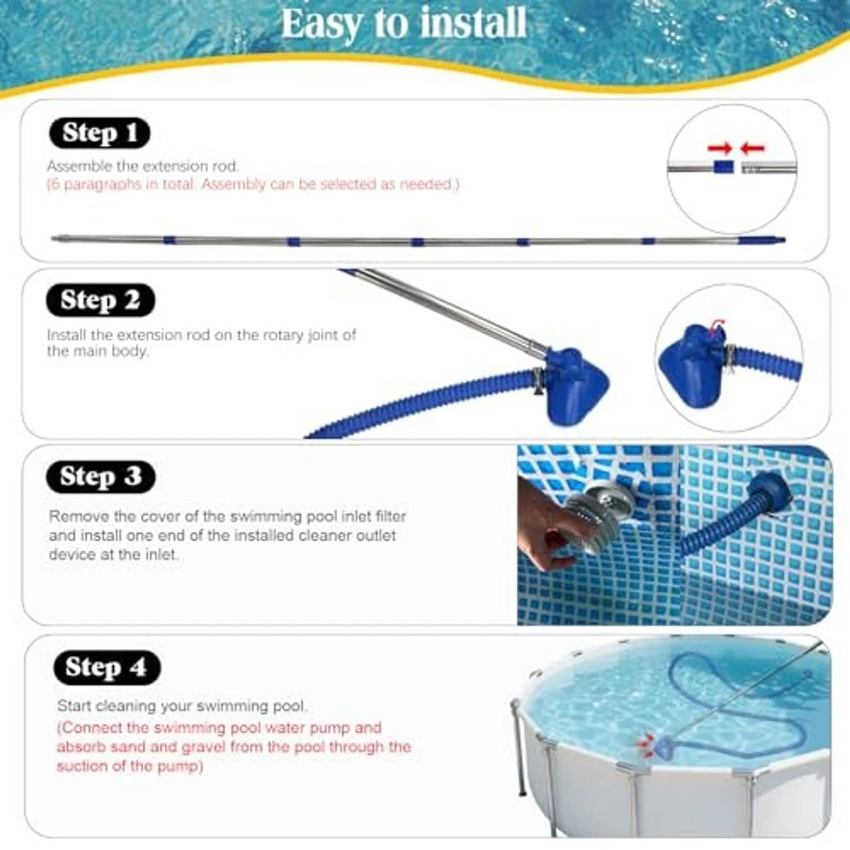 Pool vacuum installation guide showing assembly of suction head, hose, and telescoping pole