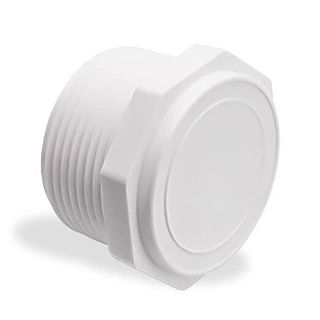 White PVC male threaded pipe end cap, MNPT 3/4, with circular sealing face