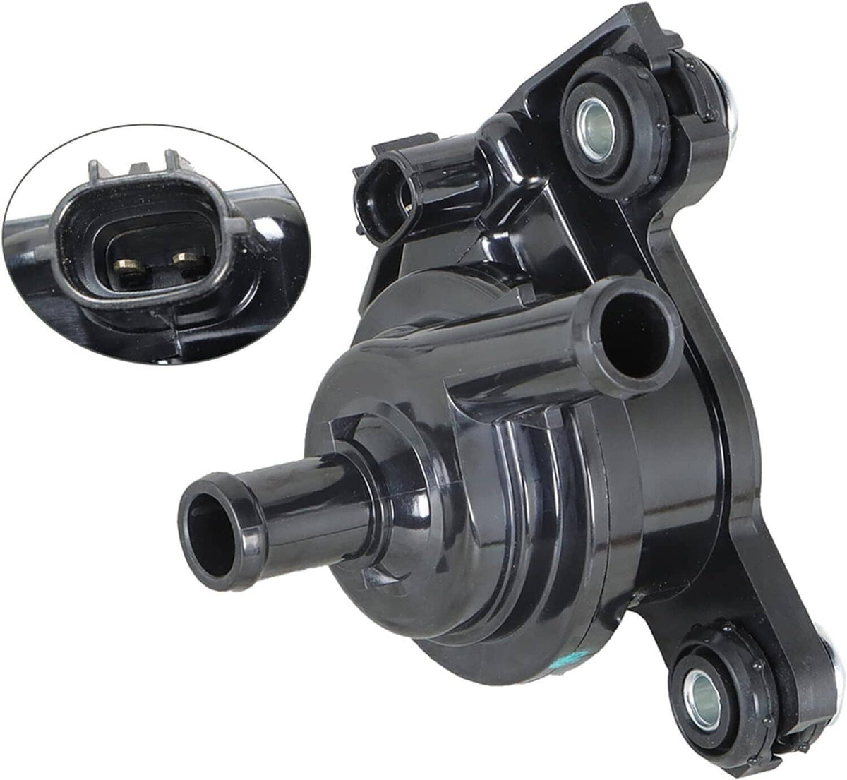 Black electric inverter water pump with hose ports and two mounting bolts