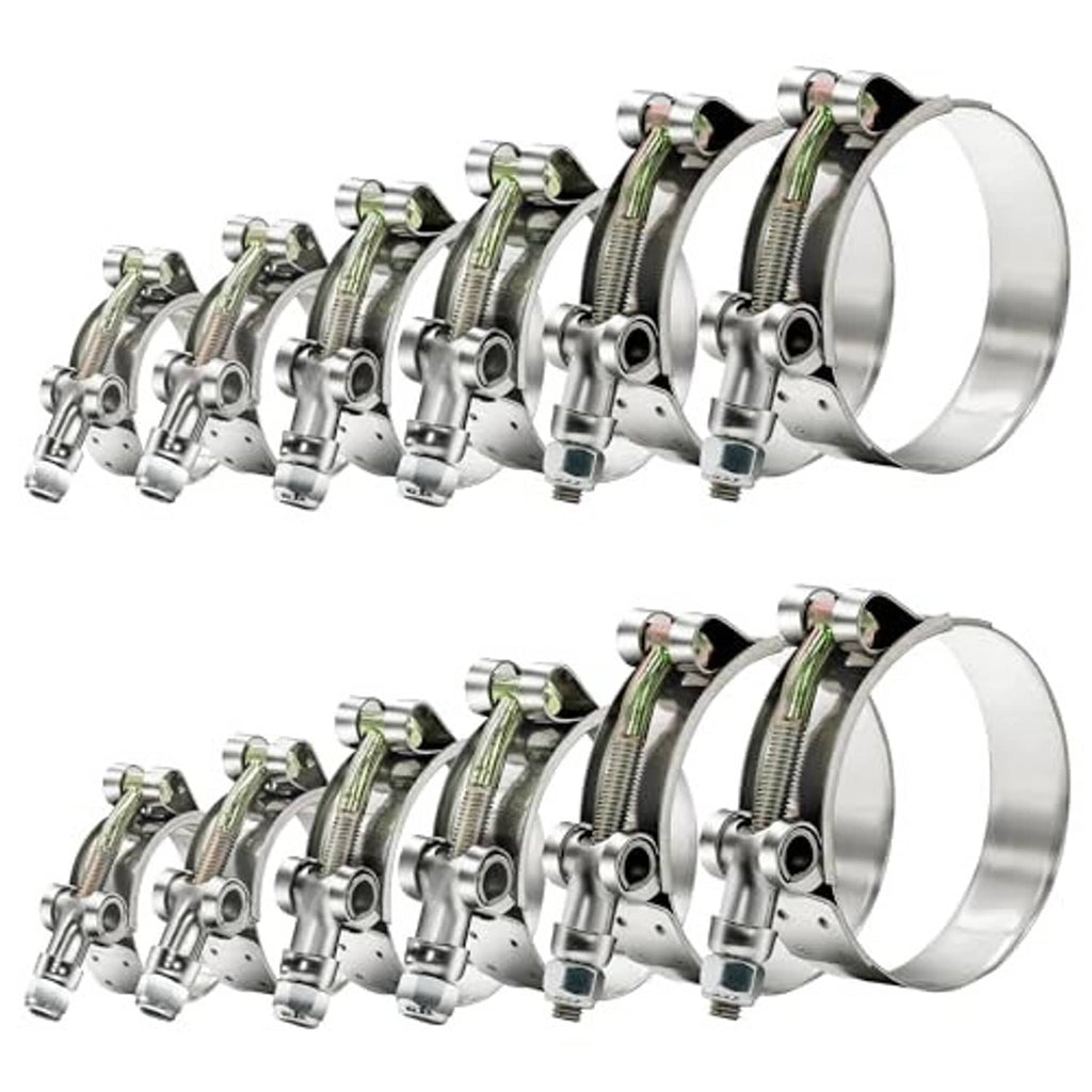 T-bolt radiator hose clamp set, multiple silver clamps with green-striped tension bands