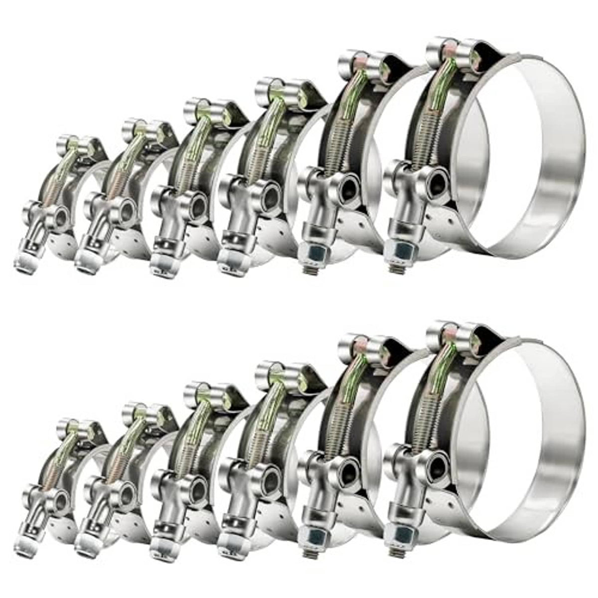 T-bolt radiator hose clamp set, multiple silver clamps with green-striped tension bands