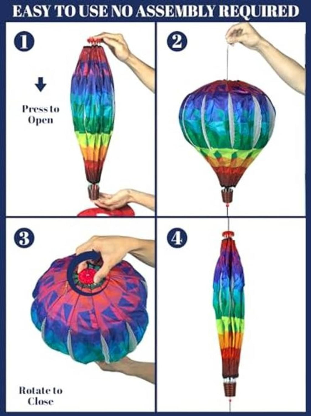 Rainbow hot air balloon wind spinner with openable canopy and rotating closure