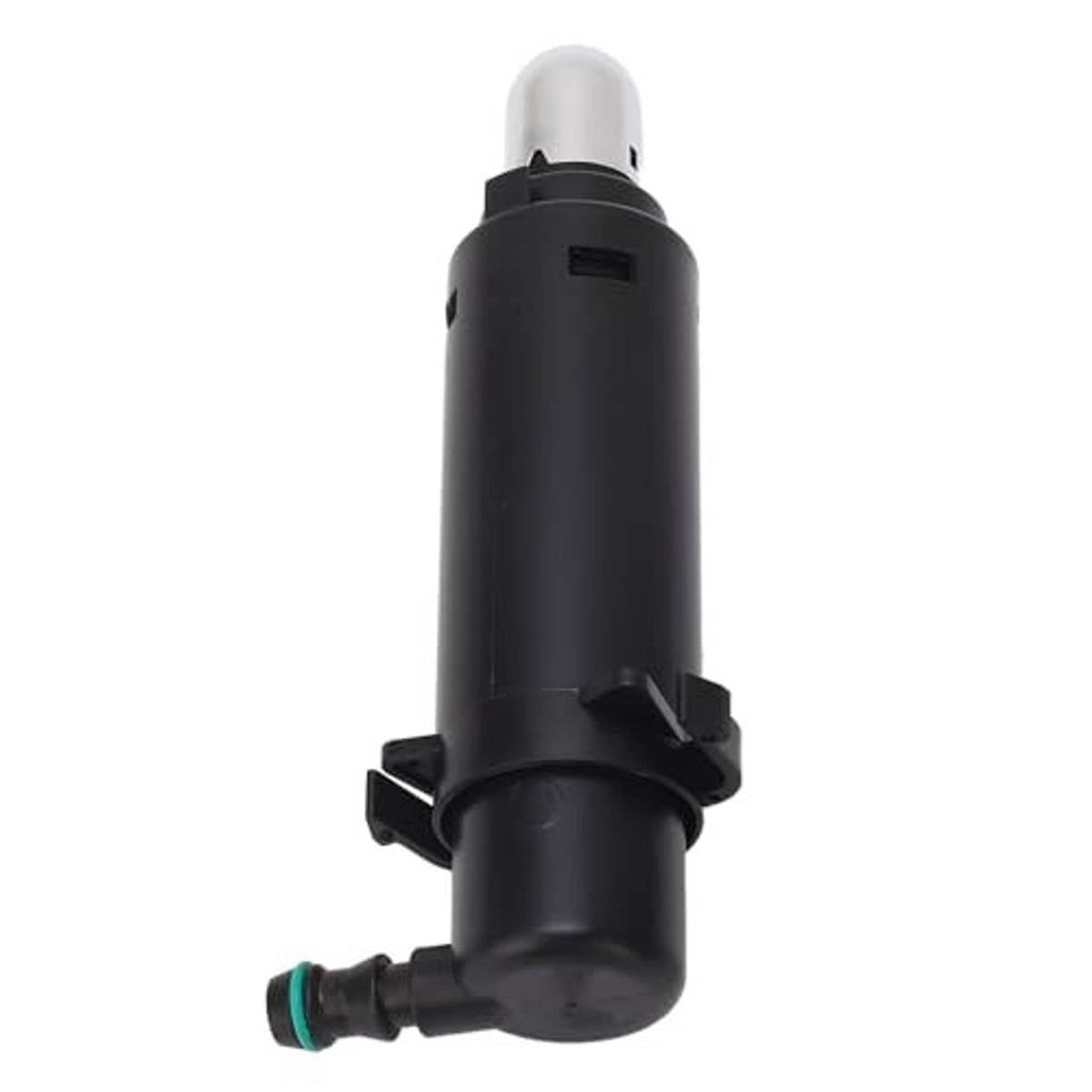 Headlight washer pump jet with black housing and green hose connector, viewed from the rear