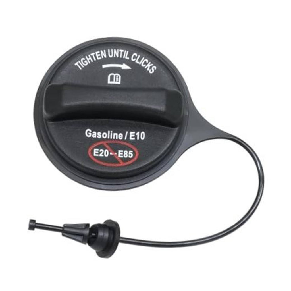 Black fuel tank gas cap with tether and E20–E85 gasoline/E10 label