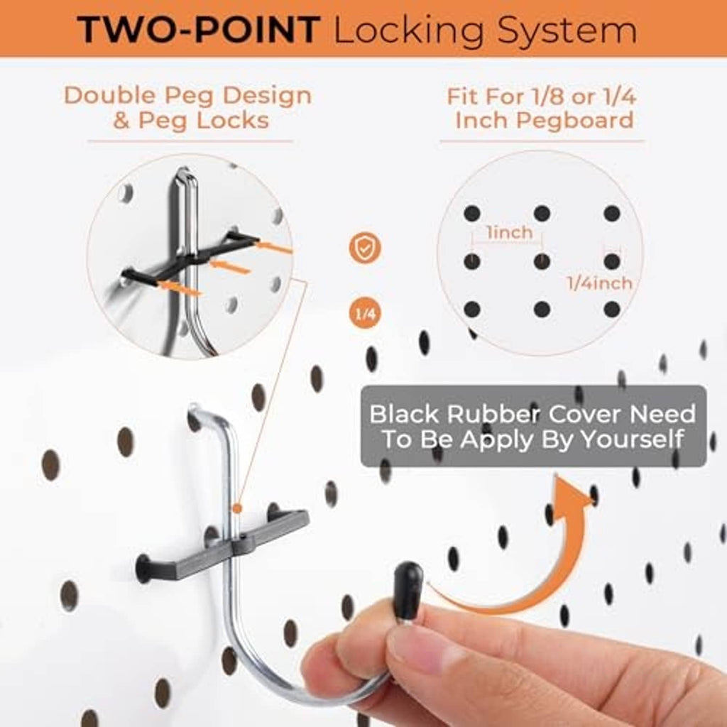 Two-point locking pegboard hook set with hand placing black rubber cover