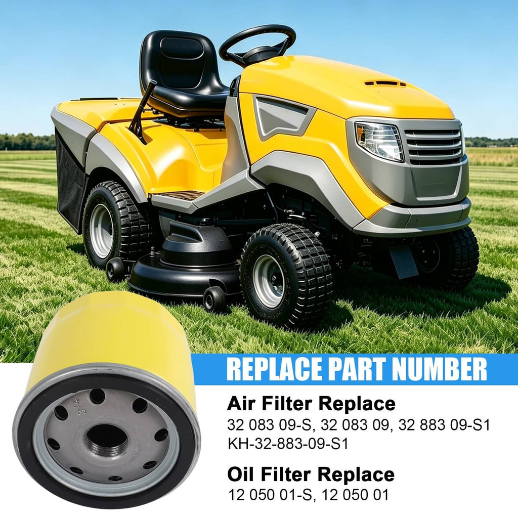 Air filter and oil filter tune-up kit shown with a yellow riding lawn mower