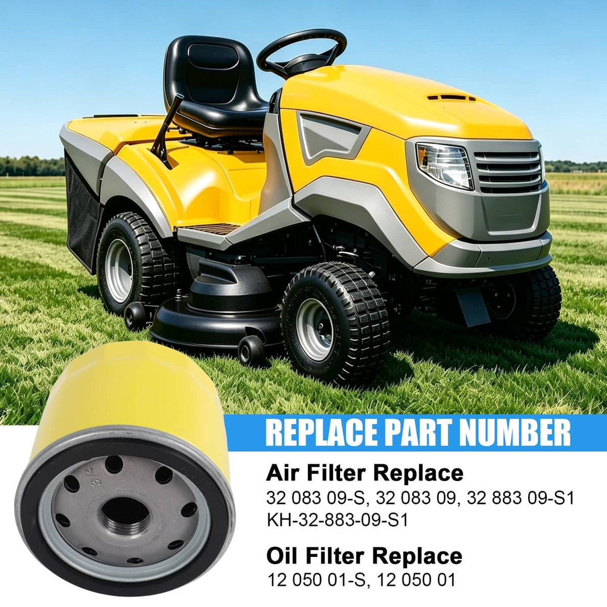 Air filter and oil filter tune-up kit shown with a yellow riding lawn mower