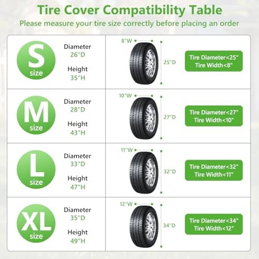 Tire cover compatibility size chart graphic with diameter and height ranges