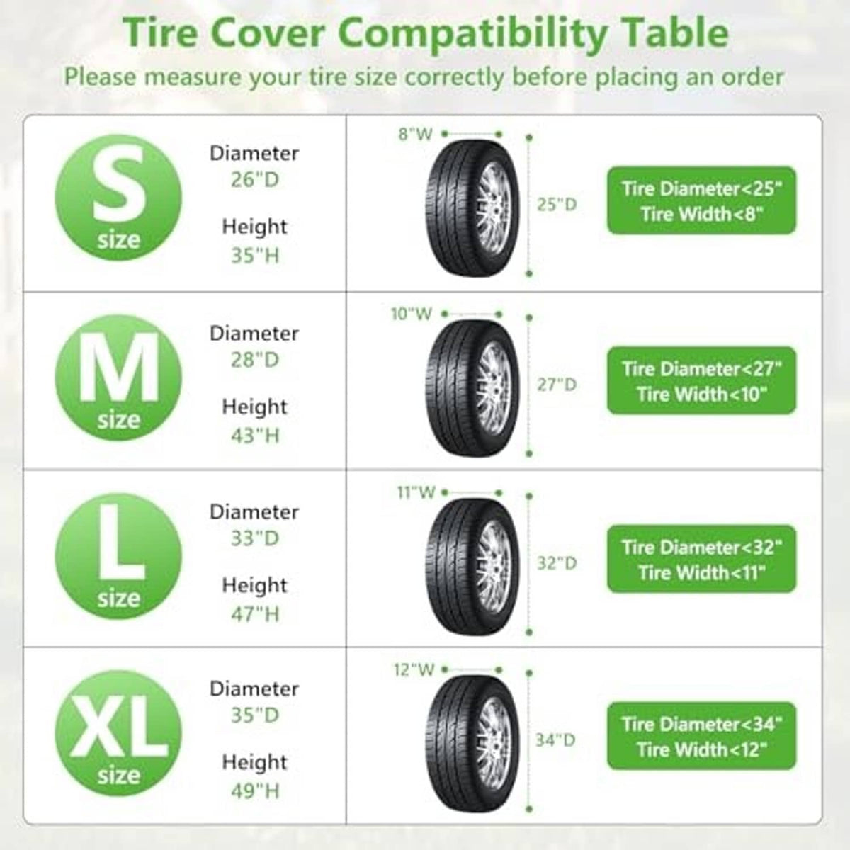 Tire cover compatibility size chart graphic with diameter and height ranges