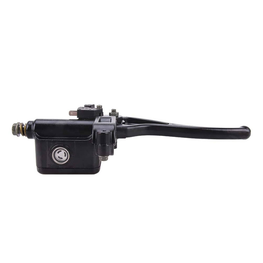 Black brake master cylinder assembly with lever and threaded ports, front side view