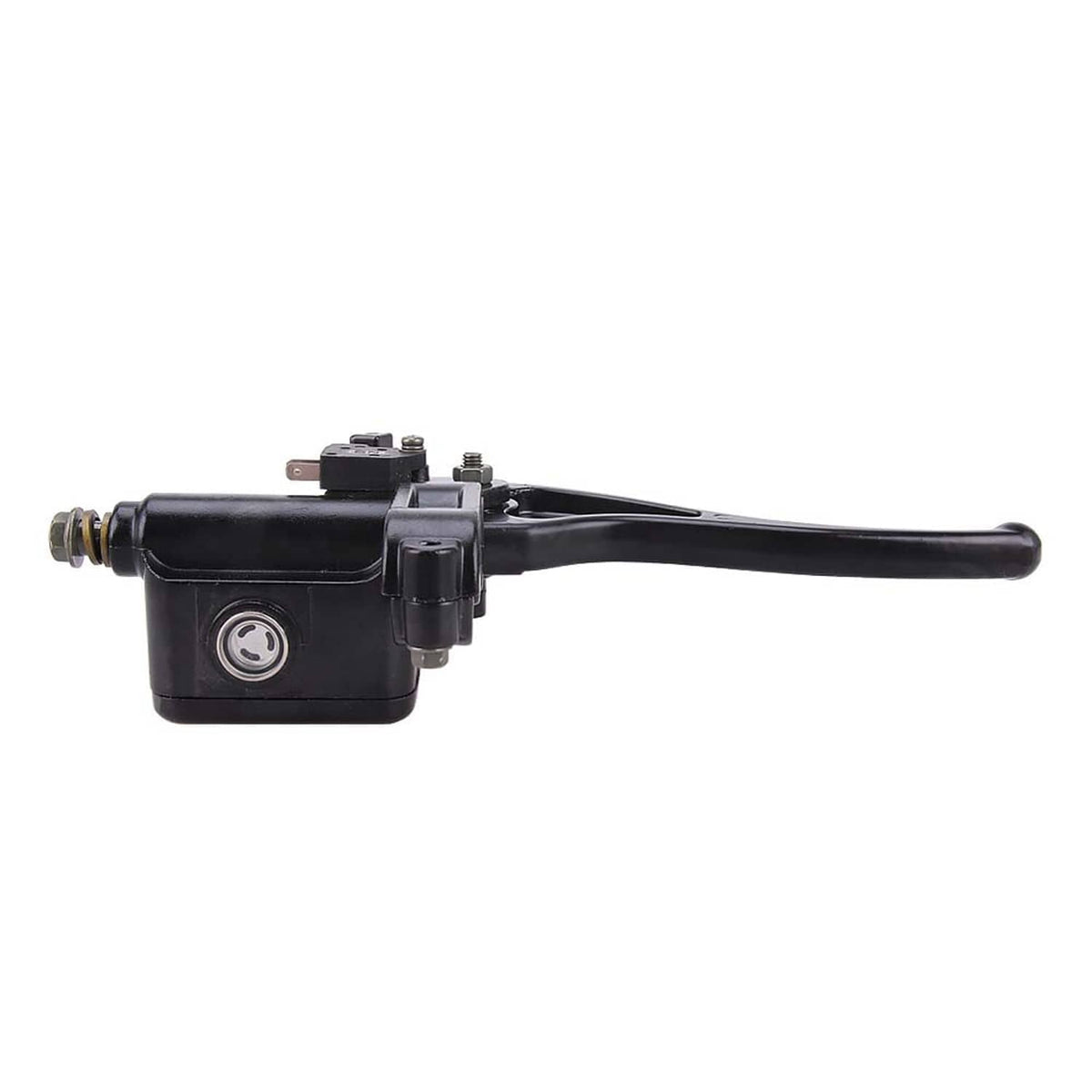 Black brake master cylinder assembly with lever and threaded ports, front side view