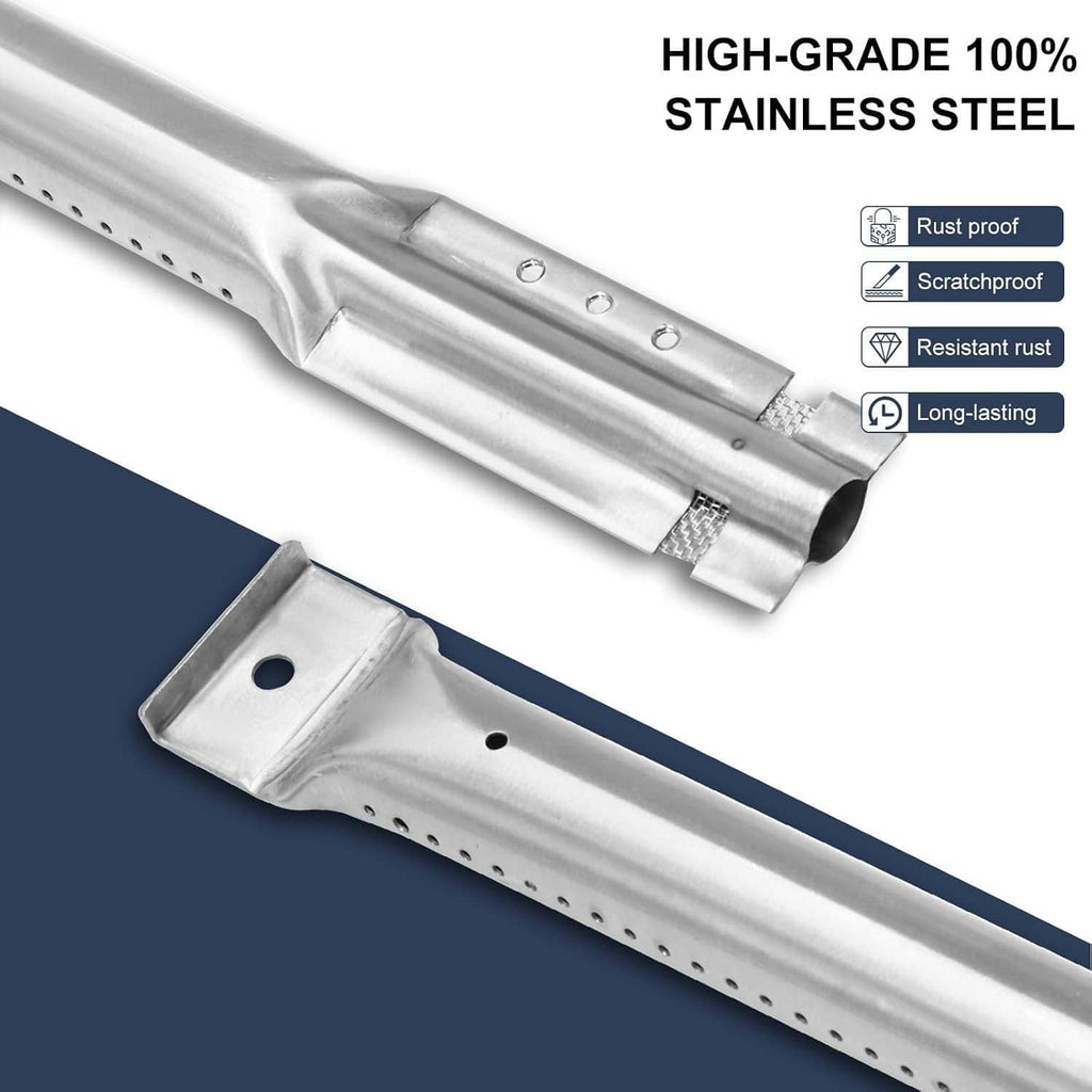 Stainless steel crossover burner tube with vent holes and mounting bracket