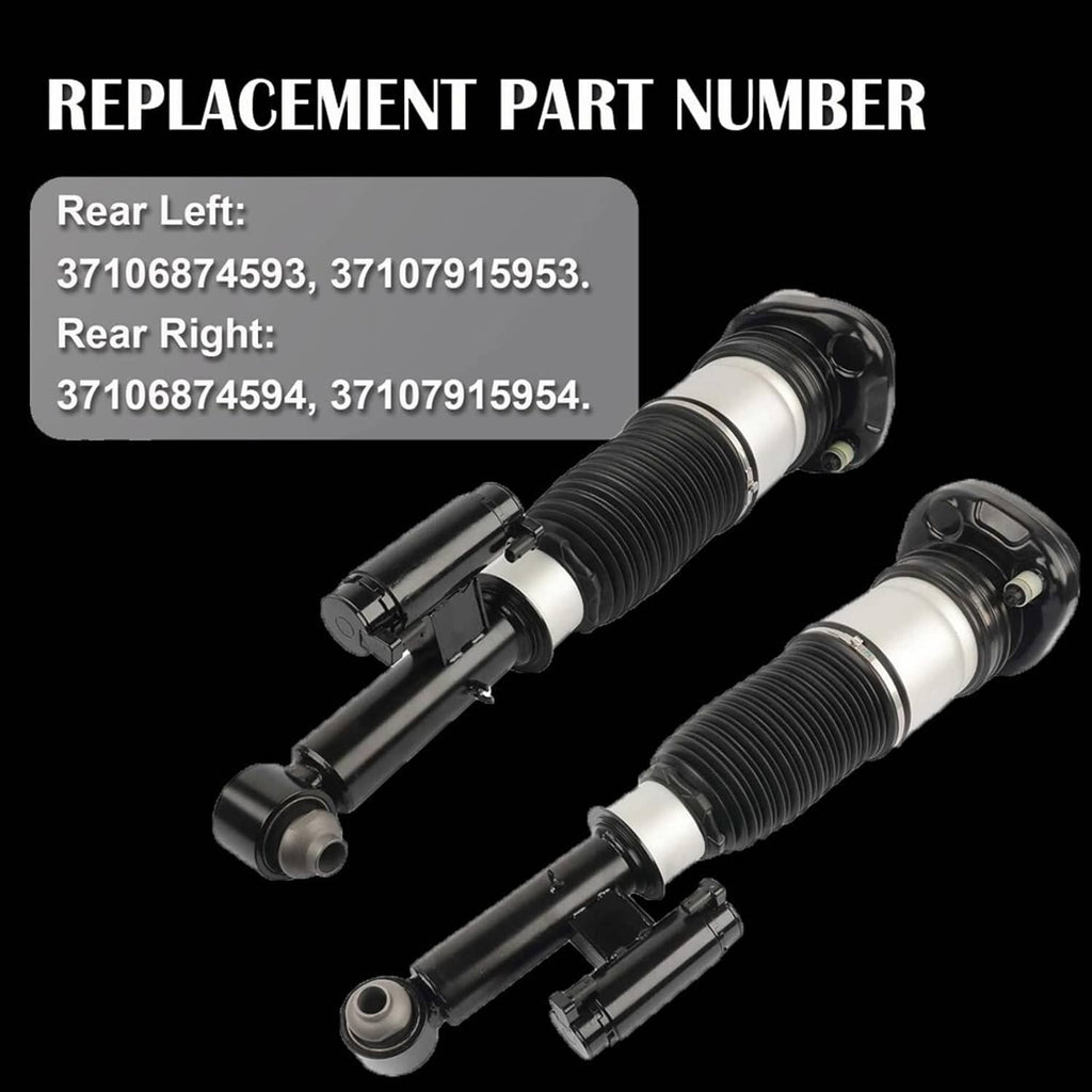 Two black-and-silver air suspension struts with replacement part markings on box art.